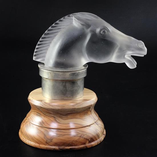 Epsom/Horse. A glass mascot by René Lalique, introduced on 5/6/1929, No.1153 Height with mount 13.5cm, overall 20.5cm.